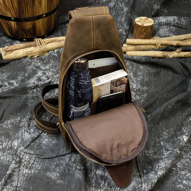 sac à dos en cuir de cheval fou pour hommes, petit sac de poitrine décontracté, sac de voyage vintage en cuir de vache, sac à bandoulière en cuir de vache