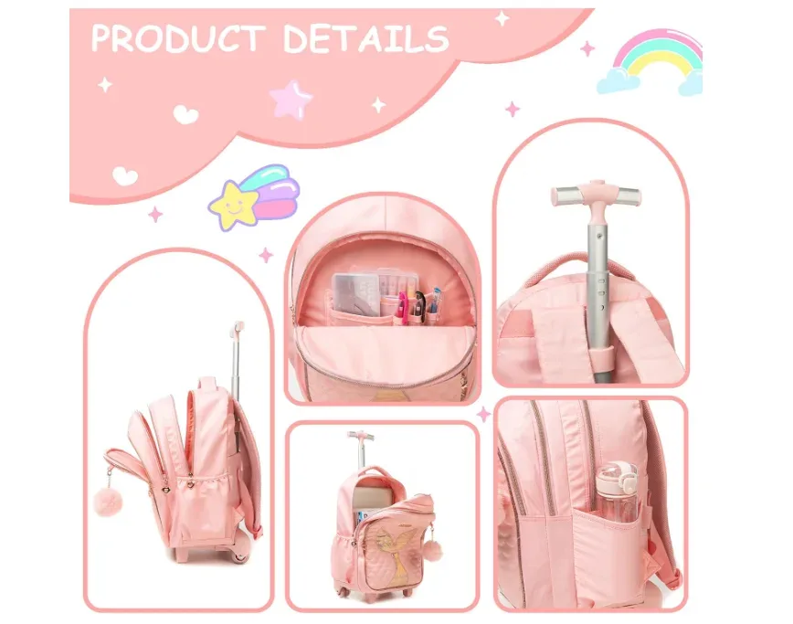 ensemble de sacs à dos à roulettes pour filles, chariot de voyage de 16 pouces, sac à dos à roulettes, sac à déjeuner, sac à stylos, sacs à roulettes d'école 3 en 1