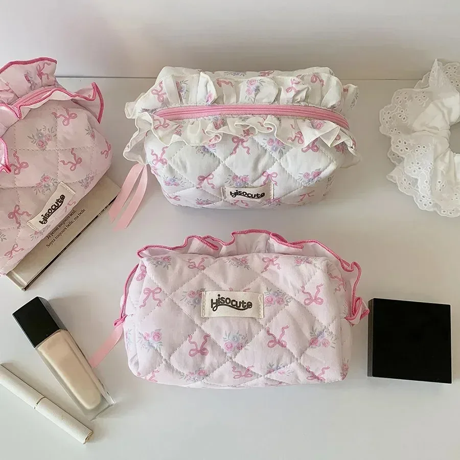 trousse de maquillage en coton matelassé avec nœud mignon pour femmes et filles, organisateur de cosmétiques portable à fermeture éclair, sac à main en tissu, trousse de toilette