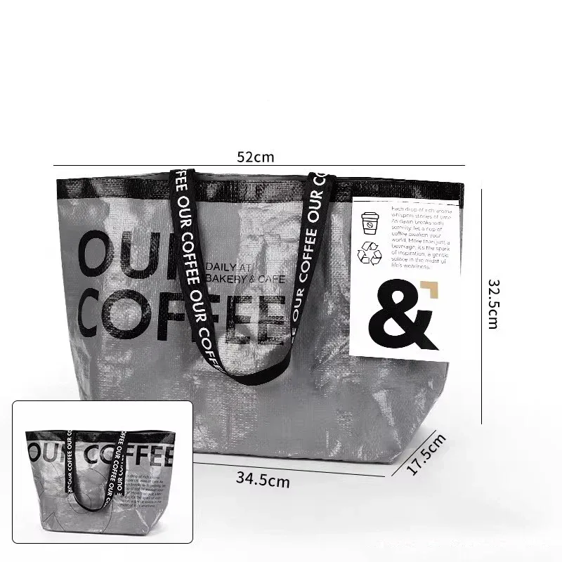 sac de courses tissé blanc imperméable, sac à bandoulière avec lettres anglaises, fourre-tout réutilisable, sac à main portable, sac d'épicerie pour vêtements et linge