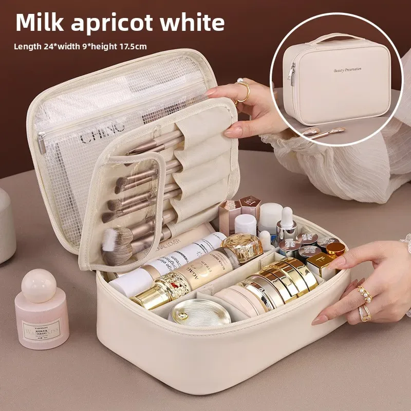 sac de maquillage portable pour femmes, trousse de beauté de voyage avec compartiment pour pinceaux, grande capacité, sac de rangement imperméable pour soins de la peau