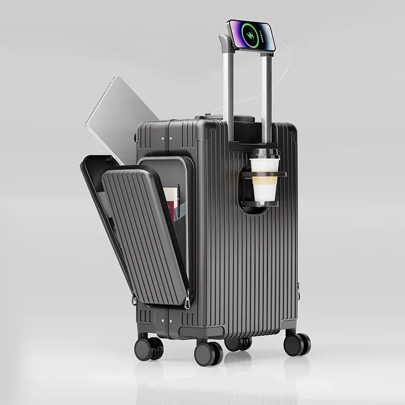 valise multifonctionnelle à ouverture frontale à trois ouvertures, nouveau style, matériau pc de 20 pouces avec poches doubles latérales, tra de grande capacité