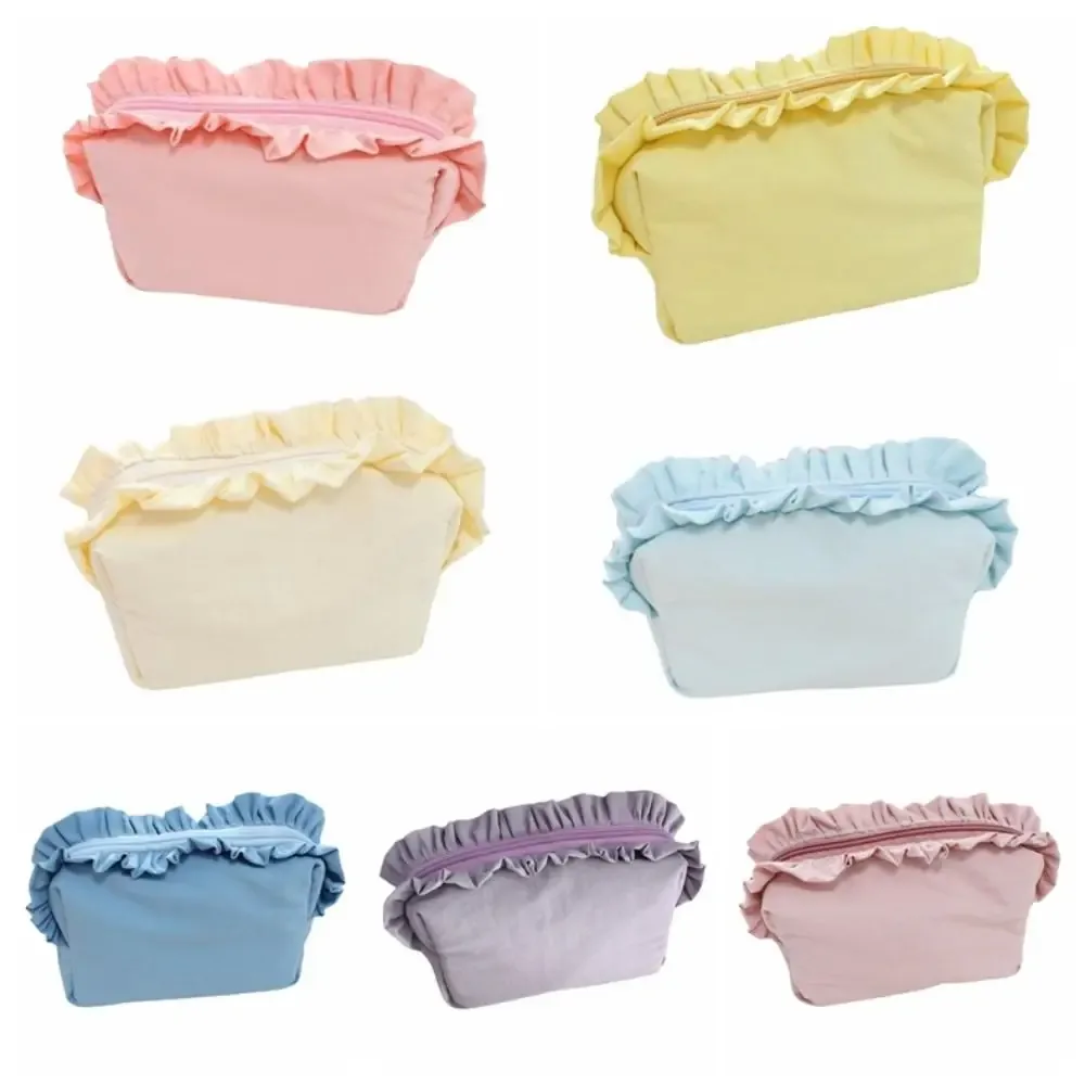 trousse de maquillage unie à volants grande capacité avec fermeture éclair, étui cosmétique en nylon, trousse à crayons, organisateur de toilette pour femme