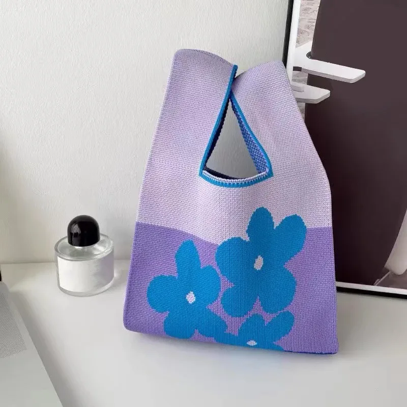 sac à main en tricot fait à la main pour femme, mini sac de poignet à nœud, sac fourre-tout à carreaux à large rayure, sacs à provisions réutilisables pour étudiants, document décontracté japonais