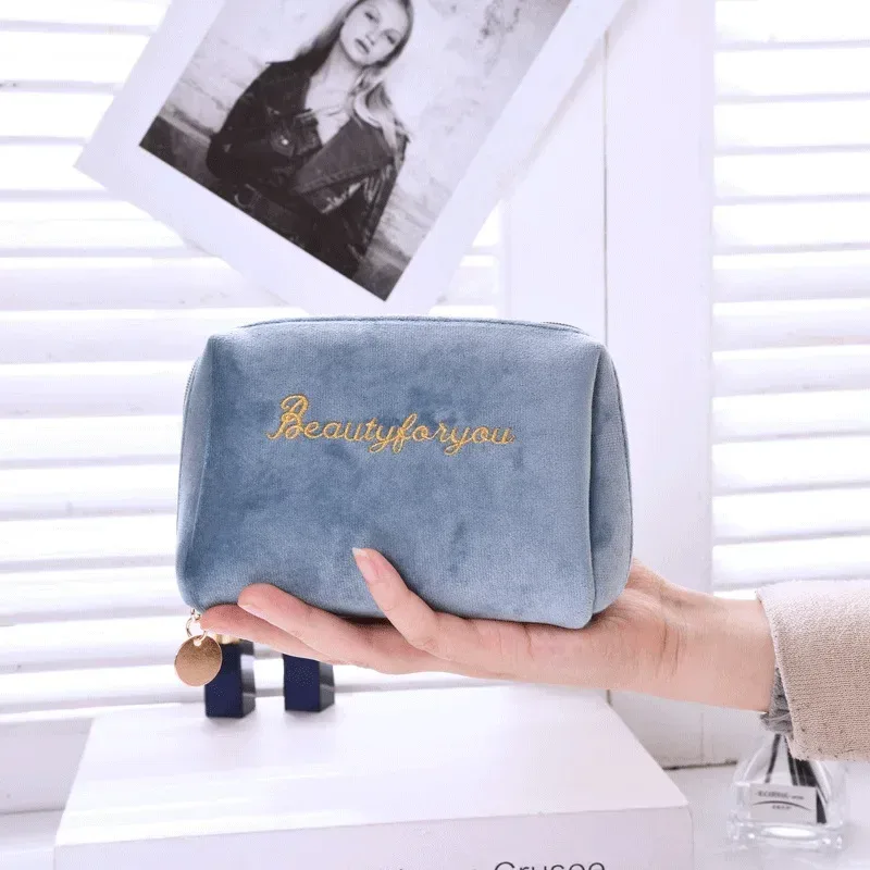 sac à cosmétiques pour femmes, fermeture éclair, lettre en velours brodée, pochette de maquillage solide pour cosmétiques, trousse de toilette, sacs de maquillage féminins