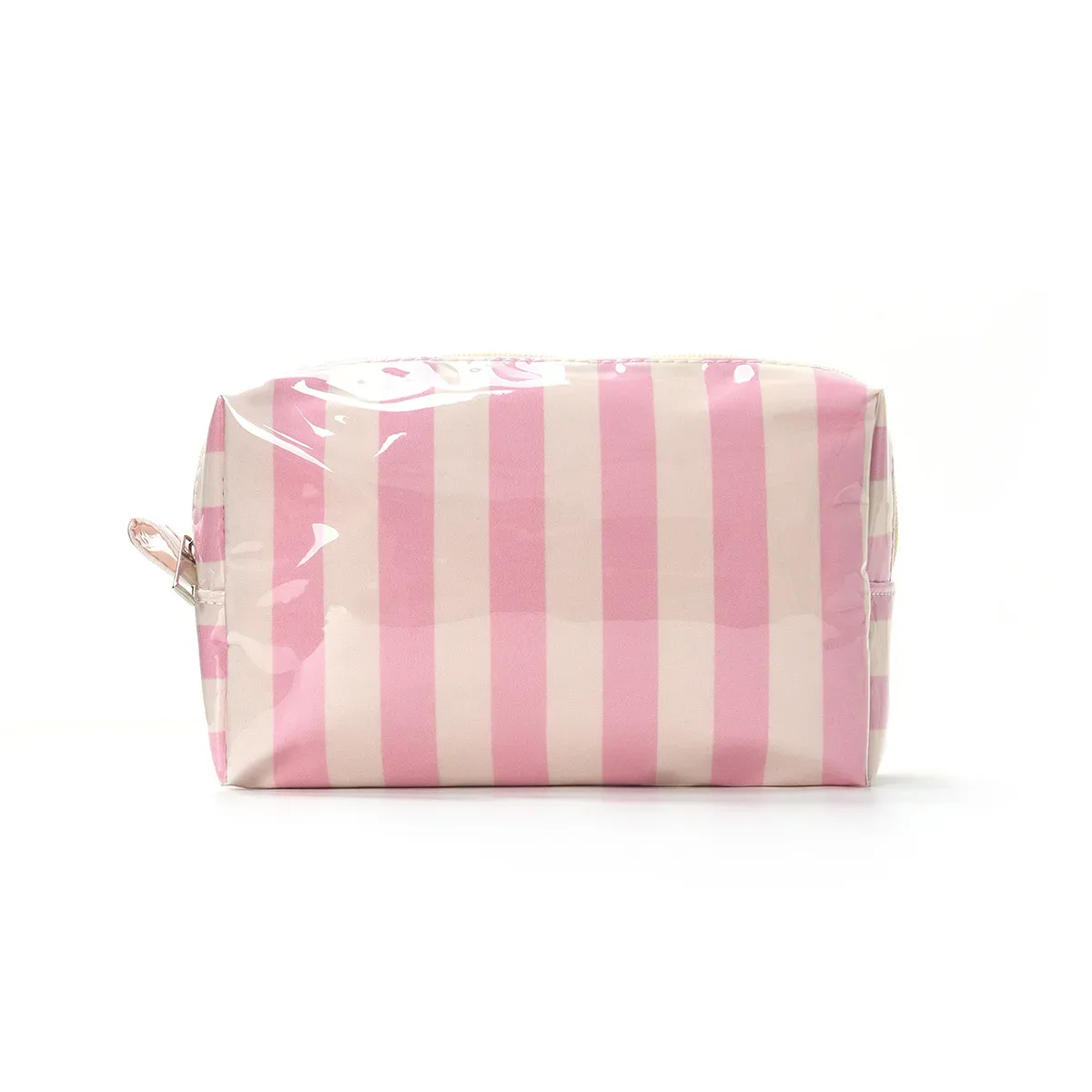 sac cosmétique rayé en pvc avec pompons et fermeture éclair, trousse de toilette de voyage imperméable avec organiseur de pinceaux de maquillage intégré.