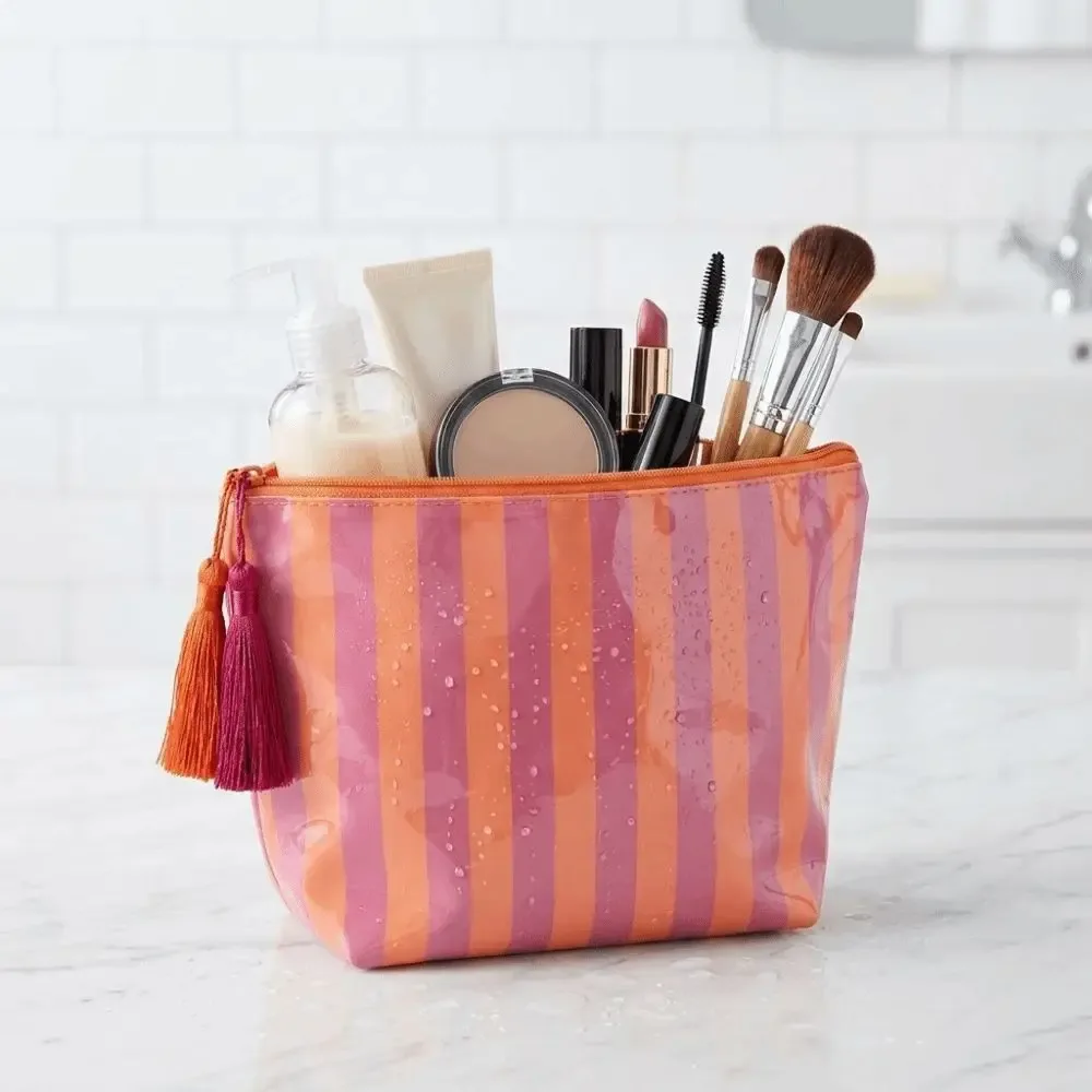 Trousse de Toilette de Voyage Portable à Franges, Design Mignon, Fermeture Éclair, Sac Cosmétique Rayé en PVC, Grande Capacité, Sac Brillant pour Pinceaux de Maquillage