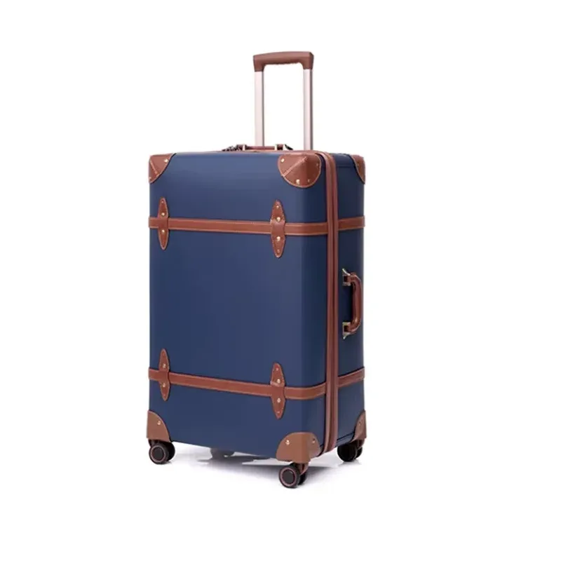 bagage d'affaires vintage en cuir bleu, valise à main de 20 pouces + valise à carreaux de 24 pouces, roulettes spinner, serrure tsa, style collégial unisexe