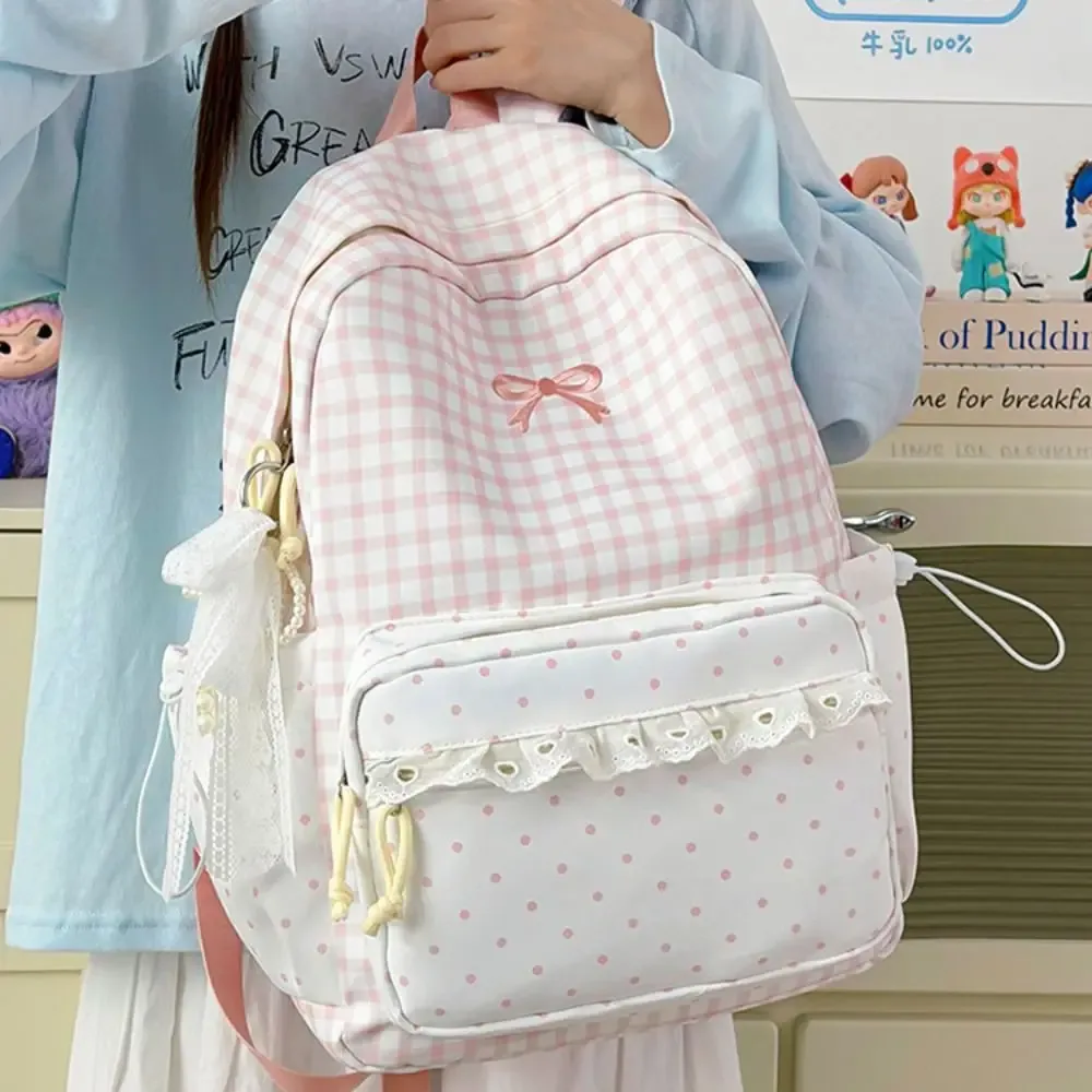 sac à dos tendance à pois, à carreaux, avec nœud et bordure en dentelle, durable et léger, idéal pour les étudiants et l'utilisation en extérieur.