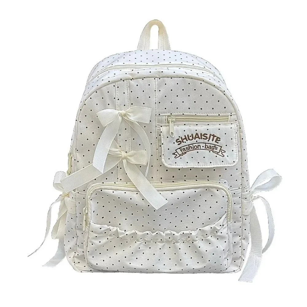sac à dos en nylon à pois avec nœud, multi-compartiments, grande capacité, fermeture éclair, doublure en polyester, sac à dos de voyage