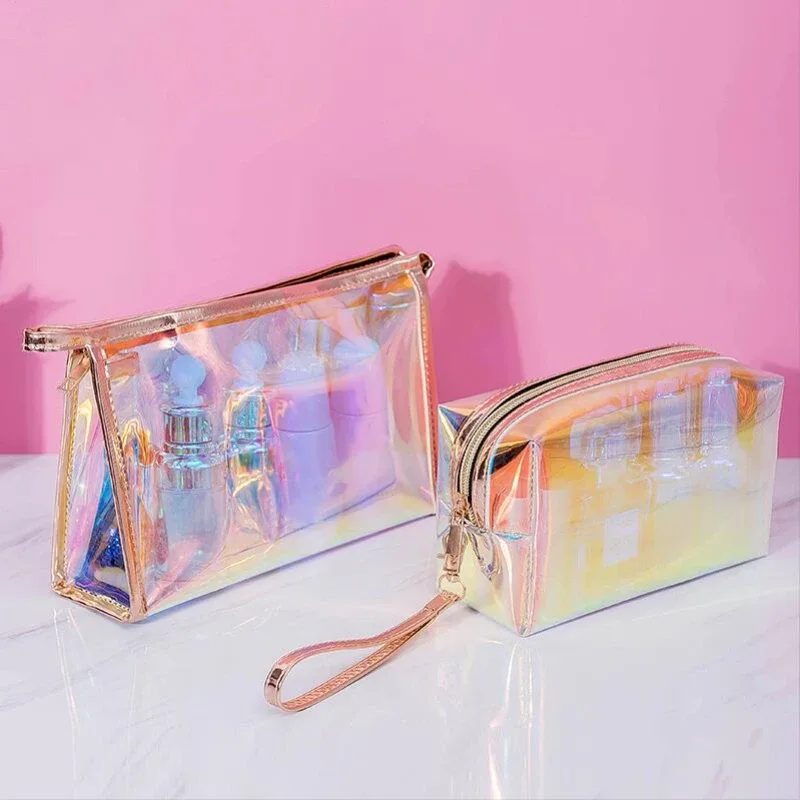 Trousse de maquillage transparente en PVC pour femme, trousse de toilette, rangement de voyage étanche, sacs de lavage de beauté, mode chic