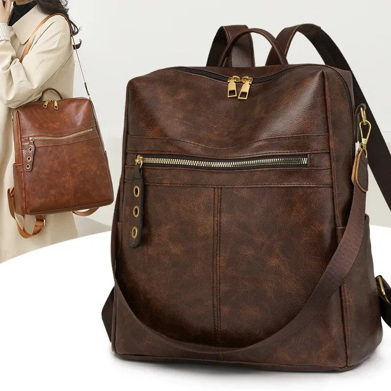 2025 nouveau femmes imperméable à l'eau en cuir pu grand vintage mode voyage affaires sac de travail université collège sac à dos sac à bandoulière