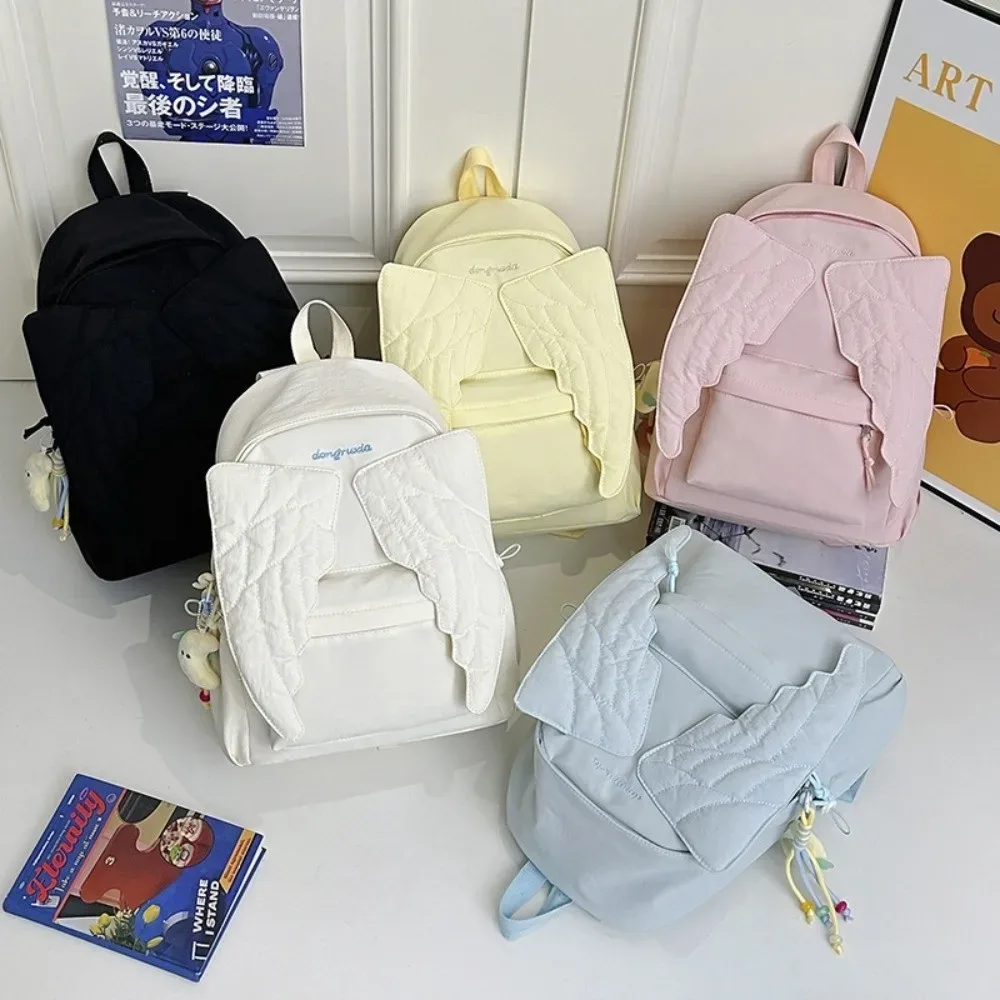 sac à dos polyvalent à ailes d'ange, couleur unie, grande capacité, en nylon, motif brodé, sac à bandoulière léger