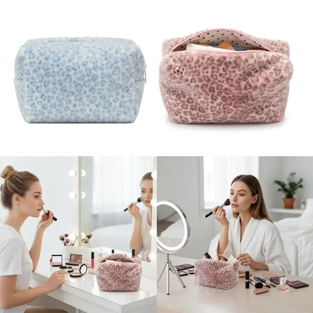 sac à maquillage multifonctionnel en fourrure, imprimé léopard, grande capacité, sac à cosmétiques portable, pochette de rangement de voyage, sac à cosmétiques pour filles