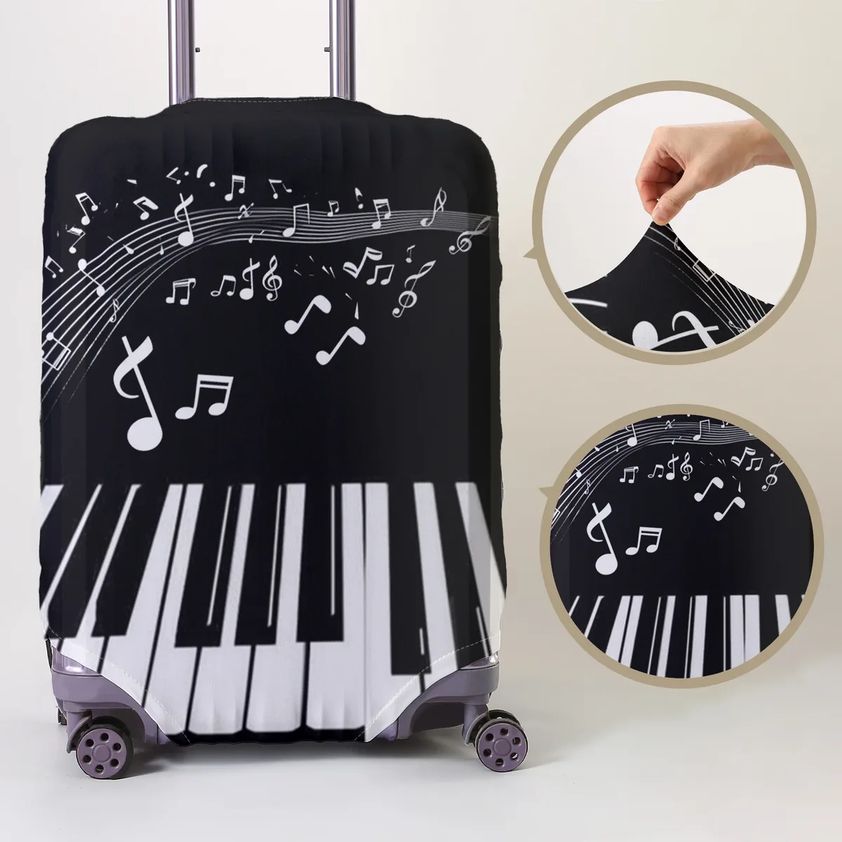 housse de protection pour bagages avec motif imprimé clavier de piano et notes, adaptée aux housses de bagages de 18 à 32 pouces, gants pour poignée de bagage, t
