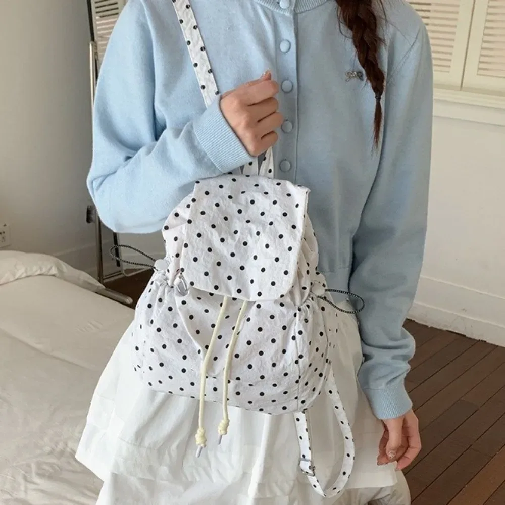 sac à dos à pois à plusieurs poches, avec cordon de serrage, style coréen, polyvalent, sac à dos de jour, en tissu, grande capacité, pour étudiants