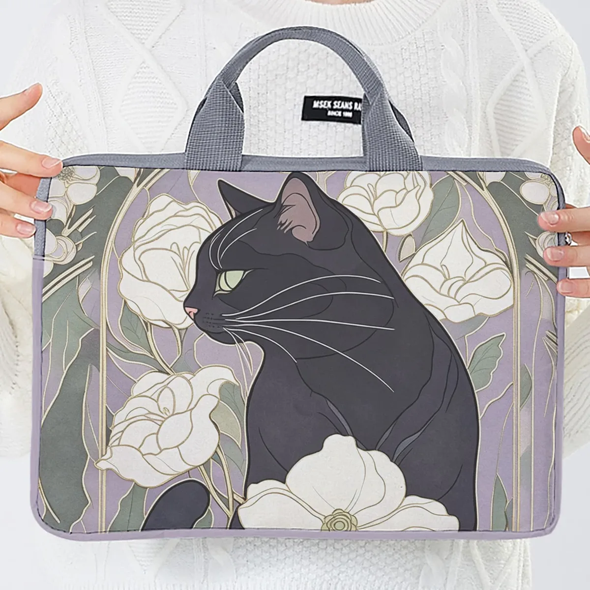 1 pièce, deux styles, sac pour ordinateur portable imprimé motif camélia et chat noir, housse souple en tissu pour ordinateur portable, convient aux ordinateurs portables de 14 pouces