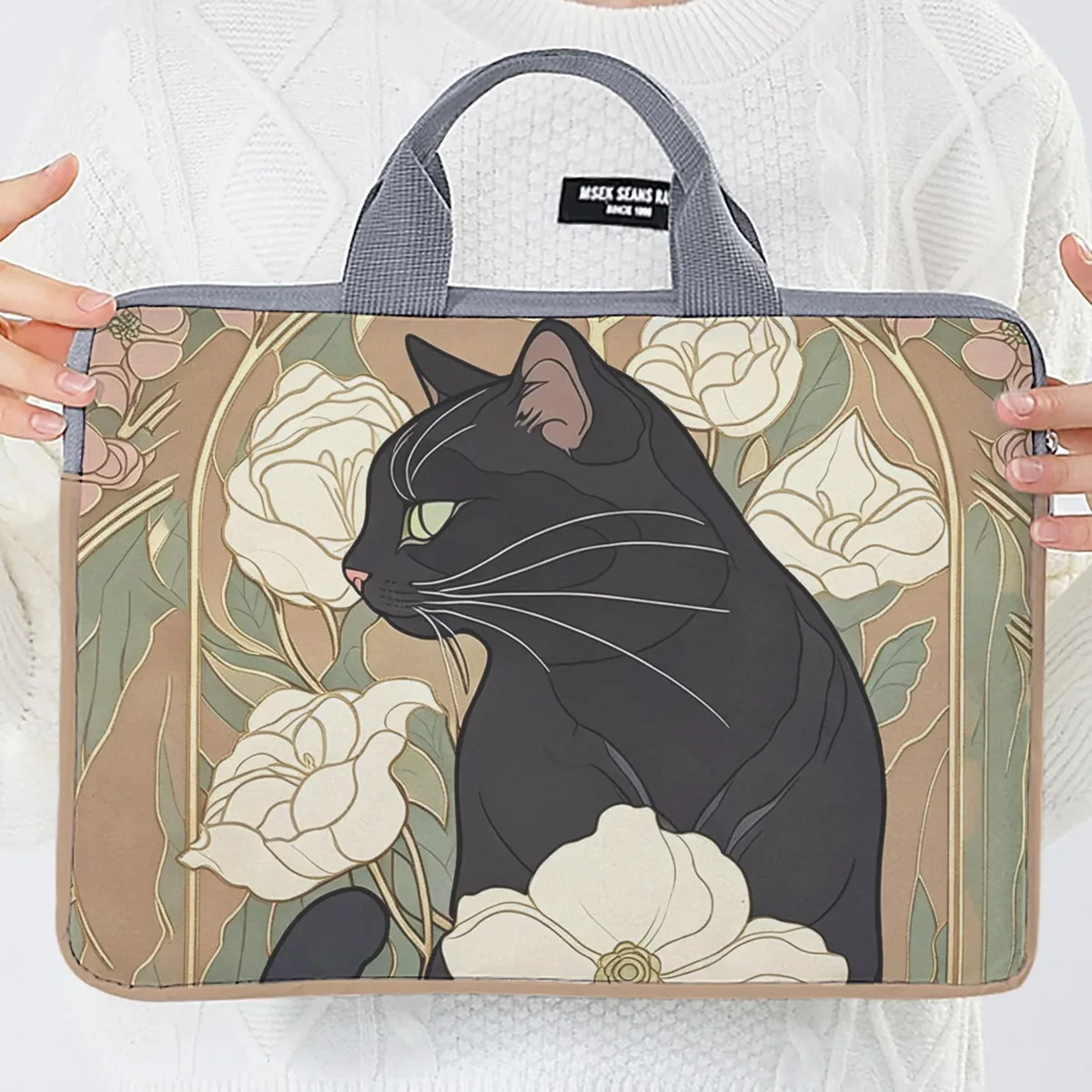 1 pièce, deux styles, sac pour ordinateur portable imprimé motif camélia et chat noir, housse souple en tissu pour ordinateur portable, convient aux ordinateurs portables de 14 pouces