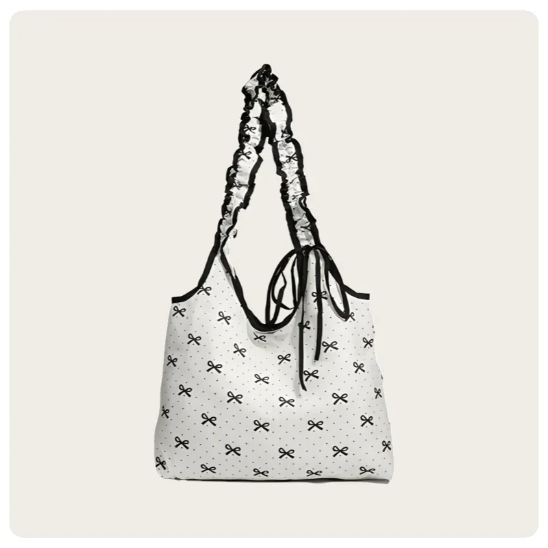 sac fourre-tout à bandoulière léger à main, grande capacité, tendance, motif de points de ruban, matériau en toile, pour étudiants, banlieue
