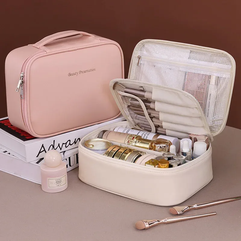 sac de maquillage fourre-tout de grande capacité en pu, organisateur de voyage portable, sac de rangement de cosmétiques de toilette, pochette de luxe à double couche pour femmes