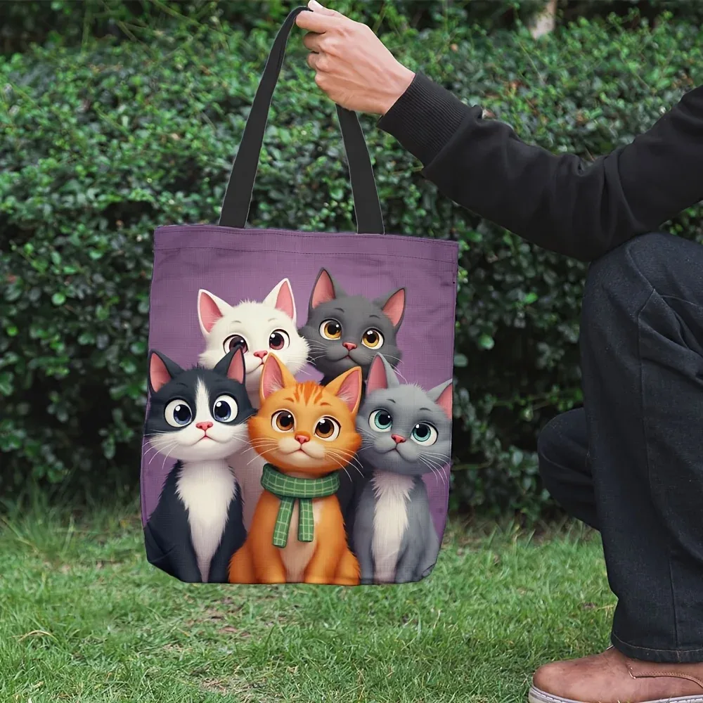 1pc adorable sac fourre-tout chat de dessin animé-polyester durable, conception de chaton orange et blanc vibrant avec écharpe verte