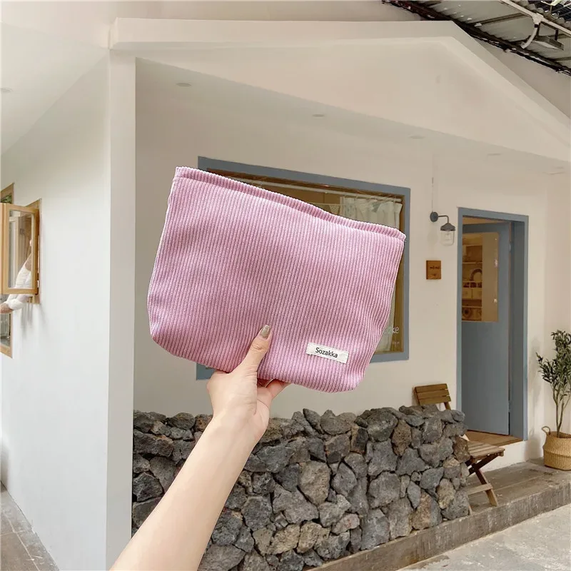 sac à cosmétiques en velours côtelé de couleur unie, pochette, grands sacs de rangement de maquillage, pochette à cosmétiques coréenne pour femmes, trousse de toilette mignonne et de beauté