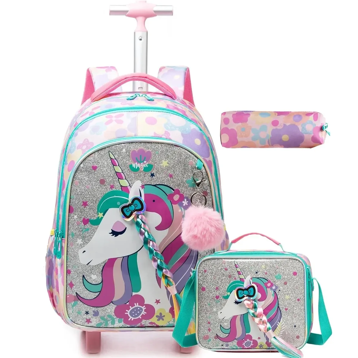 sac à dos à roulettes avec ruban nœud papillon pour enfants, sacs à dos mignons pour filles, sac à roulettes pour élèves du primaire