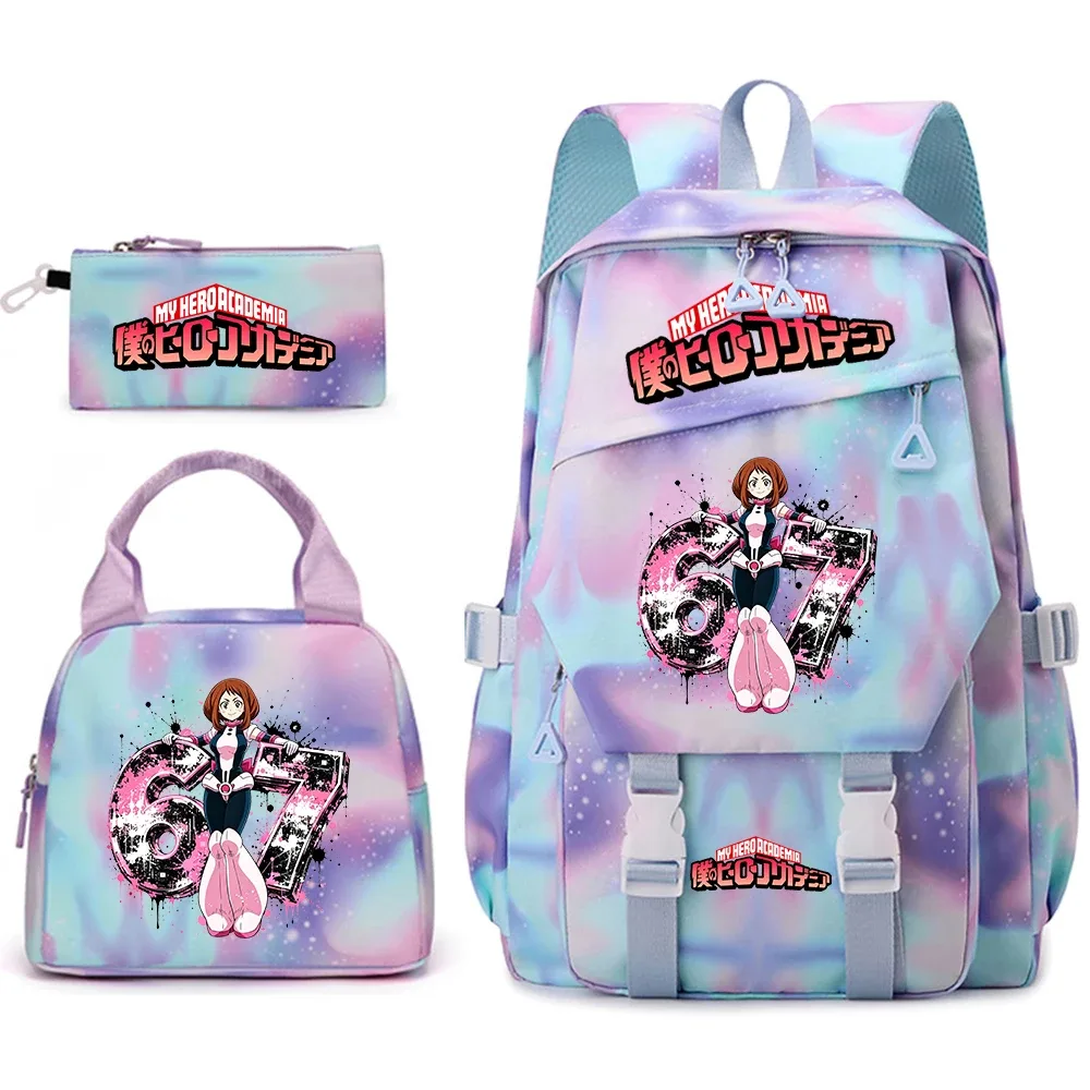 ensemble de sac à dos scolaire imprimé my hero academia ochaco uraraka 67 pour filles, sac à déjeuner, trousse à crayons, sac à dos décontracté
