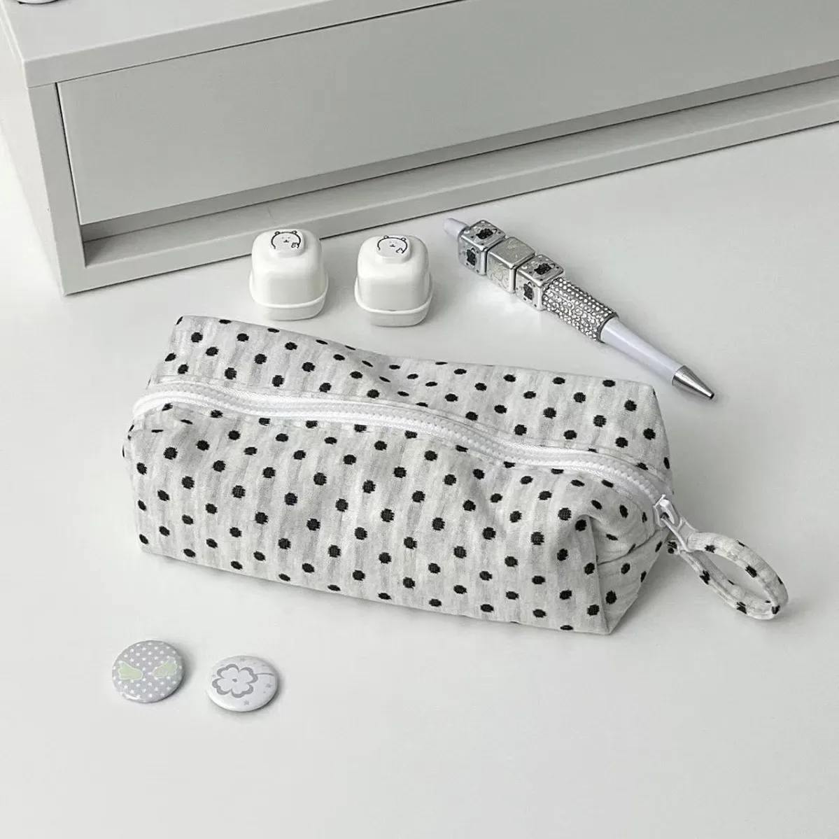 trousse de maquillage de voyage pour femmes, étui cosmétique grande capacité, trousse à crayons pour étudiants, pochette au style coréen minimaliste à pois