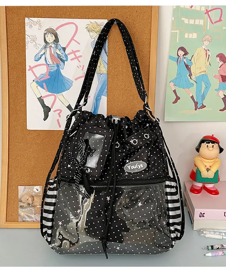 sac à dos ita mignon à pois avec cordon de serrage et poche transparente pour pince, sac multifonctionnel pour l'école, les trajets et les sorties