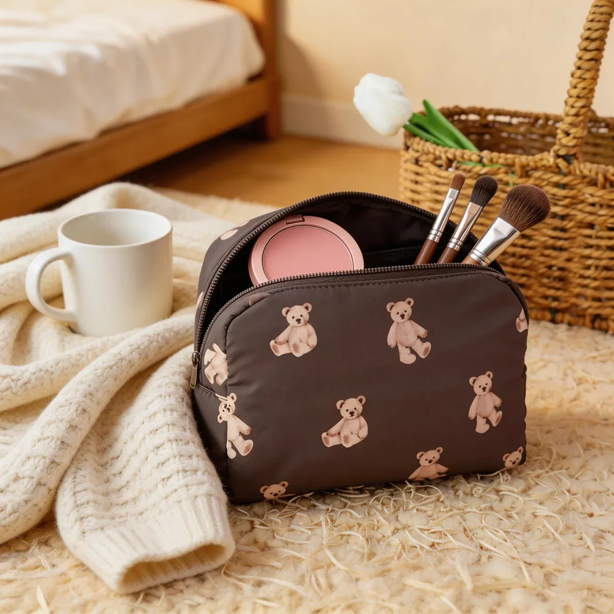 trousse de maquillage imprimée ours en peluche, grande capacité, organiseur de cosmétiques, sac de voyage portable, pochette de rangement multifonctionnelle pour articles de toilette