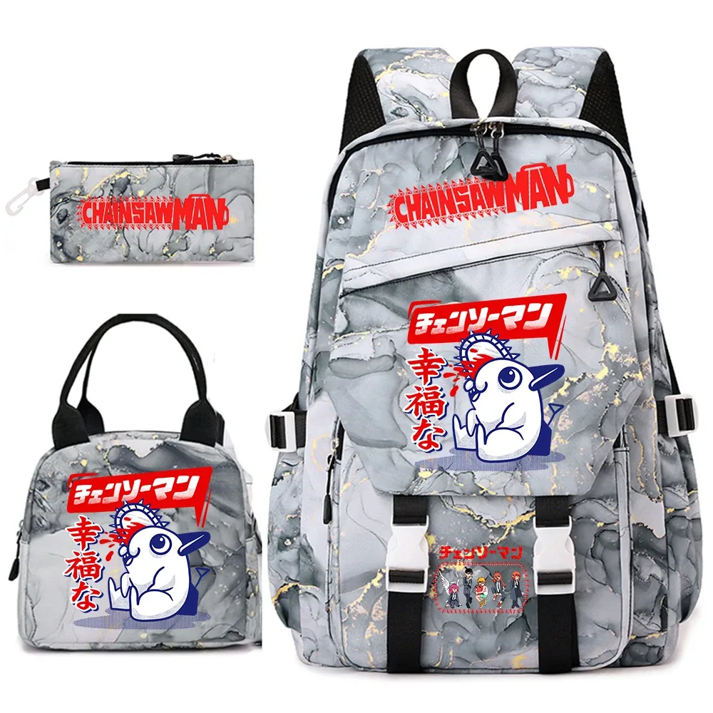 ensemble de sacs à dos pour étudiantes avec imprimé chainsaw man anime, pour filles, avec sac à lunch et trousse à crayons, pour une utilisation quotidienne à l'école