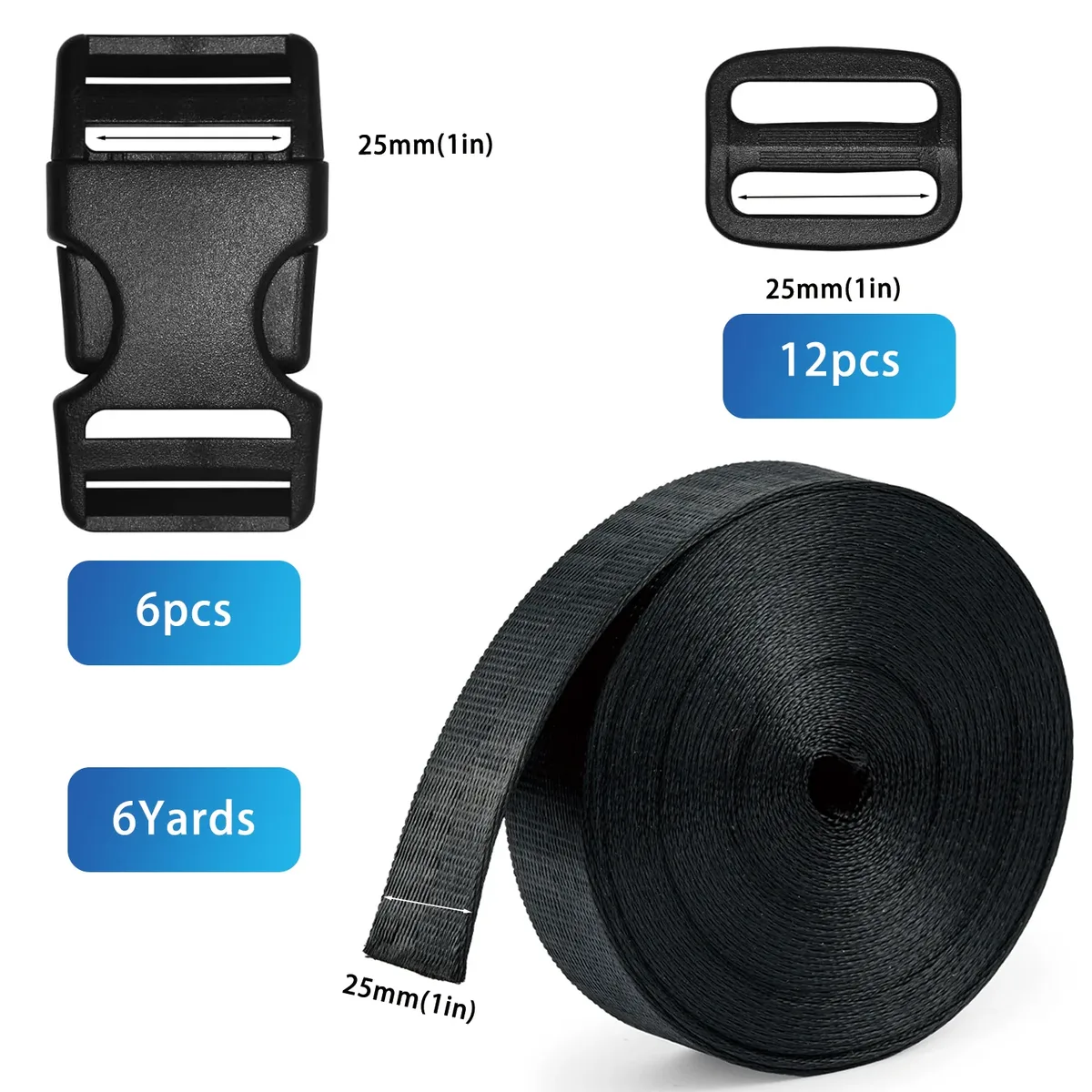 ensemble de boucles et sangles, sangles en nylon de 6 mètres, paquet de 6 boucles à dégagement latéral, 12 curseurs à trois glissières pour sangle de bagage diy, sac à dos
