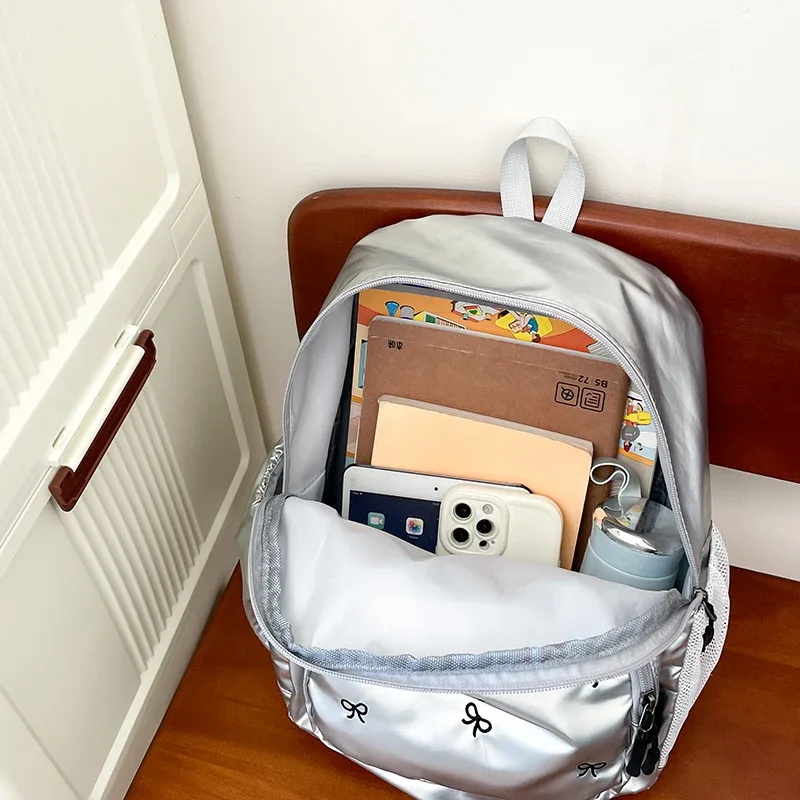 sac à dos en nylon argenté de grande capacité, cartable de voyage, observateur et étanche, pour femme