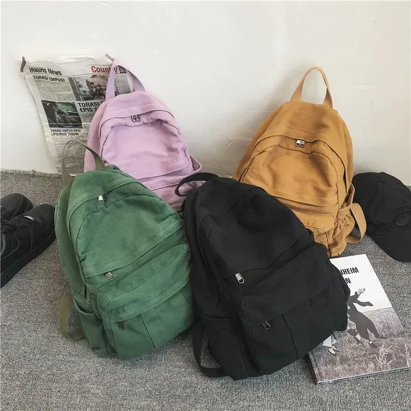 mode couleur unie sac à dos femmes toile sacs d'école pour adolescentes sac à dos de voyage décontracté femme étudiant école sac à dos