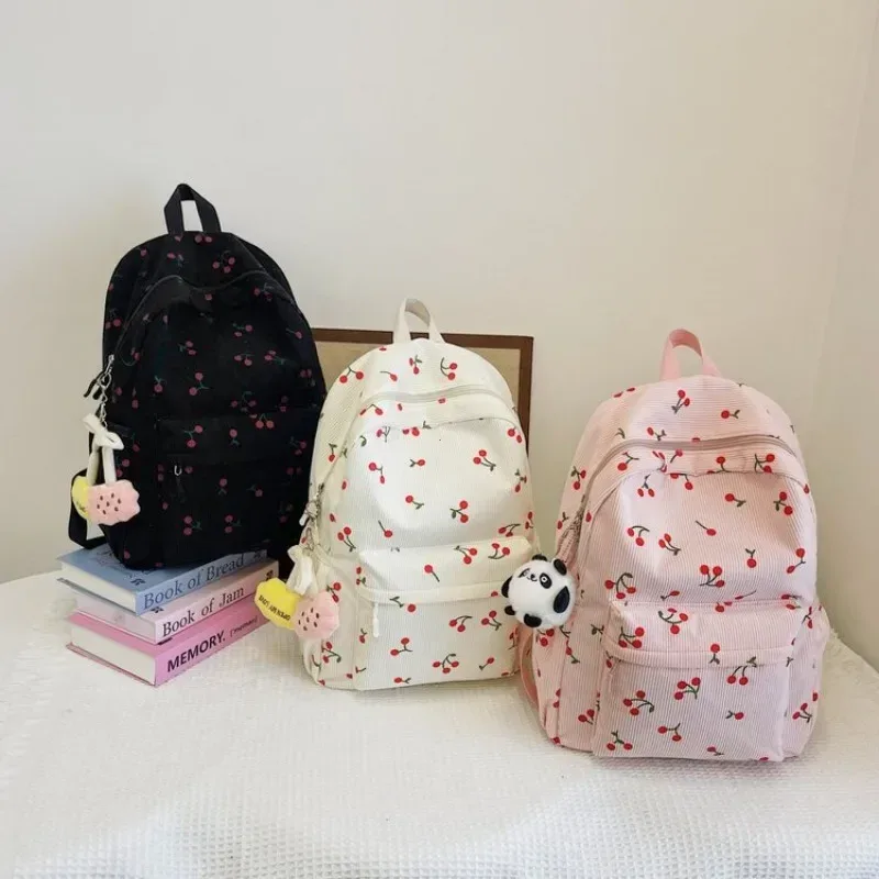 sac à dos en velours côtelé motif cerise pour femmes, sac de jour de voyage, sangle réglable, sac à dos pour ordinateur portable, fermeture éclair pour le travail, le shopping, l'école