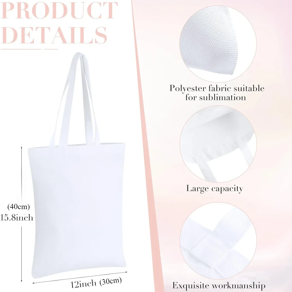 sacs fourre-tout vierges en polyester par sublimation, 6 pièces, blanc beige-40x30cm pour la saint-valentin, bricolage tie-dye, souvenirs et événements