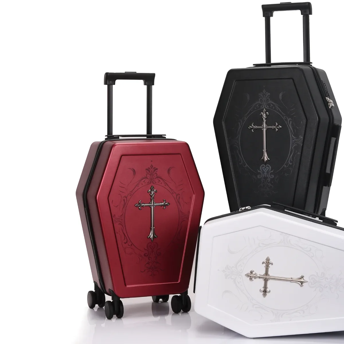 valise gothique au design unique en forme de cercueil, sac de voyage d'halloween, coffre rétro noir, valise à thème vampire, bagage à esthétique sombre.
