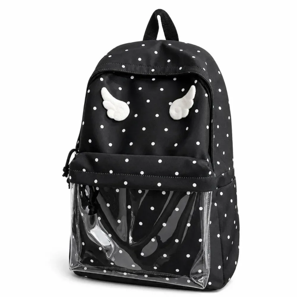 sac à dos à pois 2 tailles, grande capacité, avec poche transparente, pour l'école, motif à pois, sac à dos à poche transparente