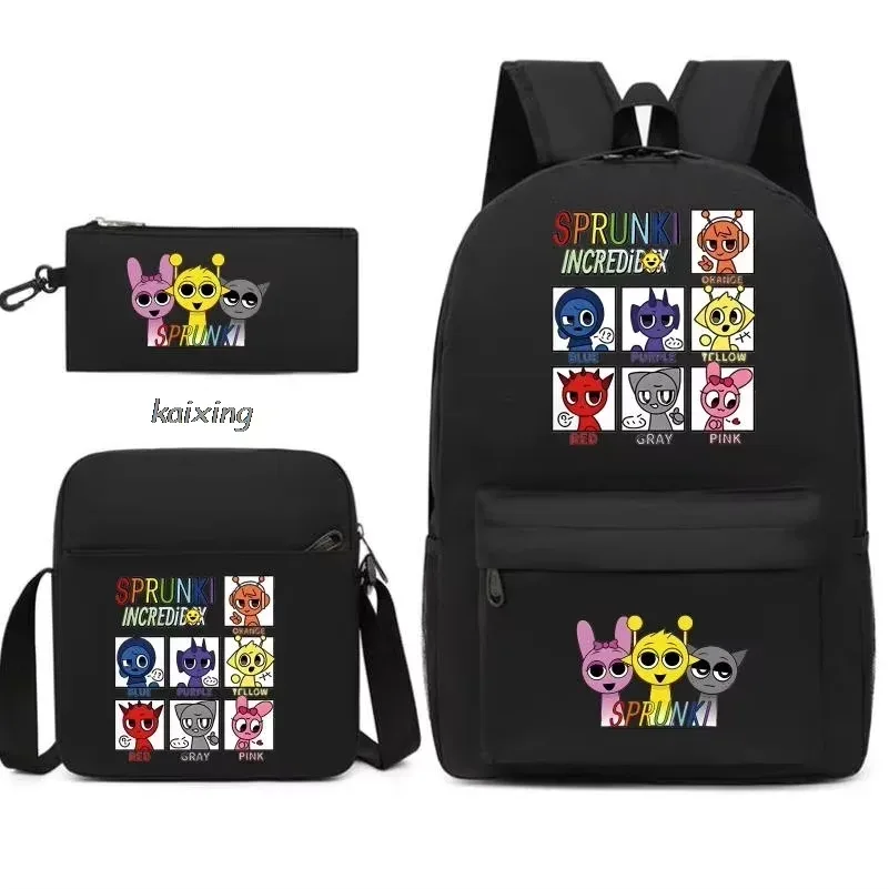 ensemble de 3 sacs à dos sprunki à imprimé anime, avec sac fourre-tout et pochette, grande capacité, léger et respirant, sac à dos décontracté tendance