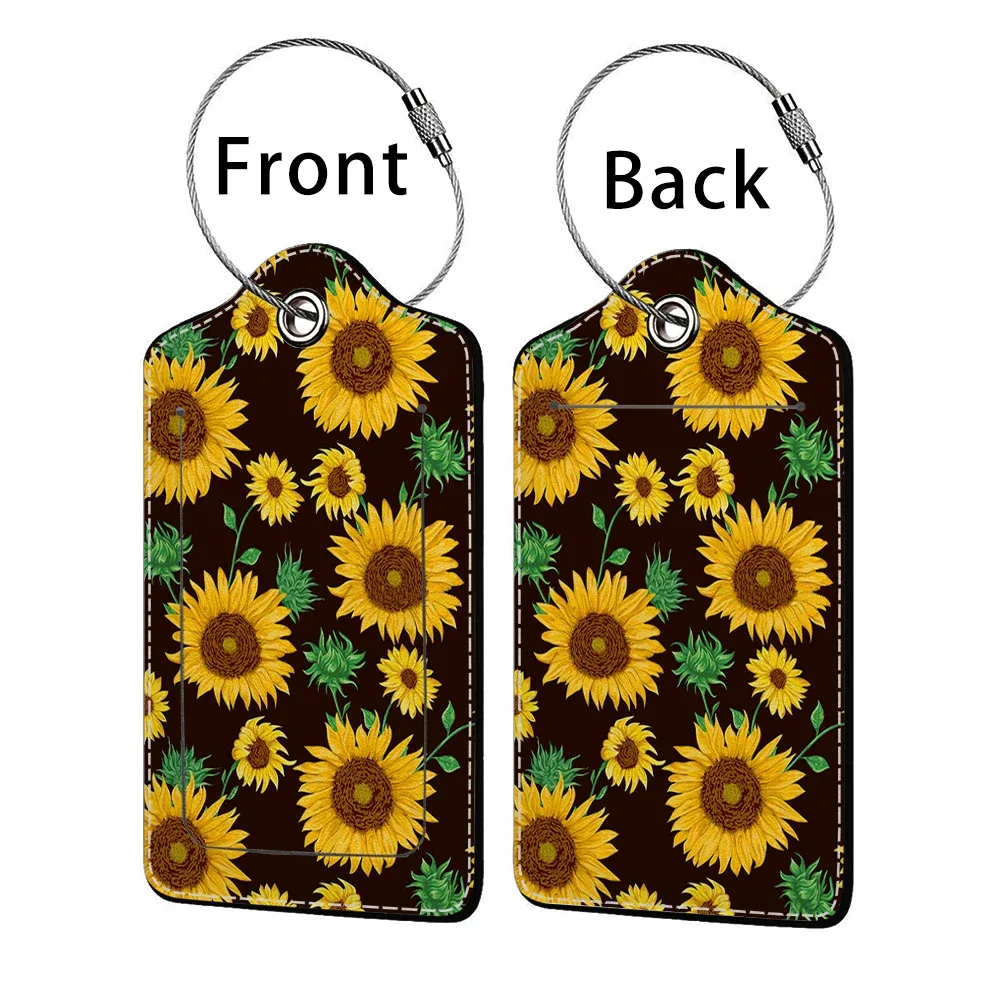 étiquette de bagage d'affaires en cuir estampillé tournesol, étiquette d'adresse de valise, étui d'embarquement de bagages, clip d'adresse d'identification de nom