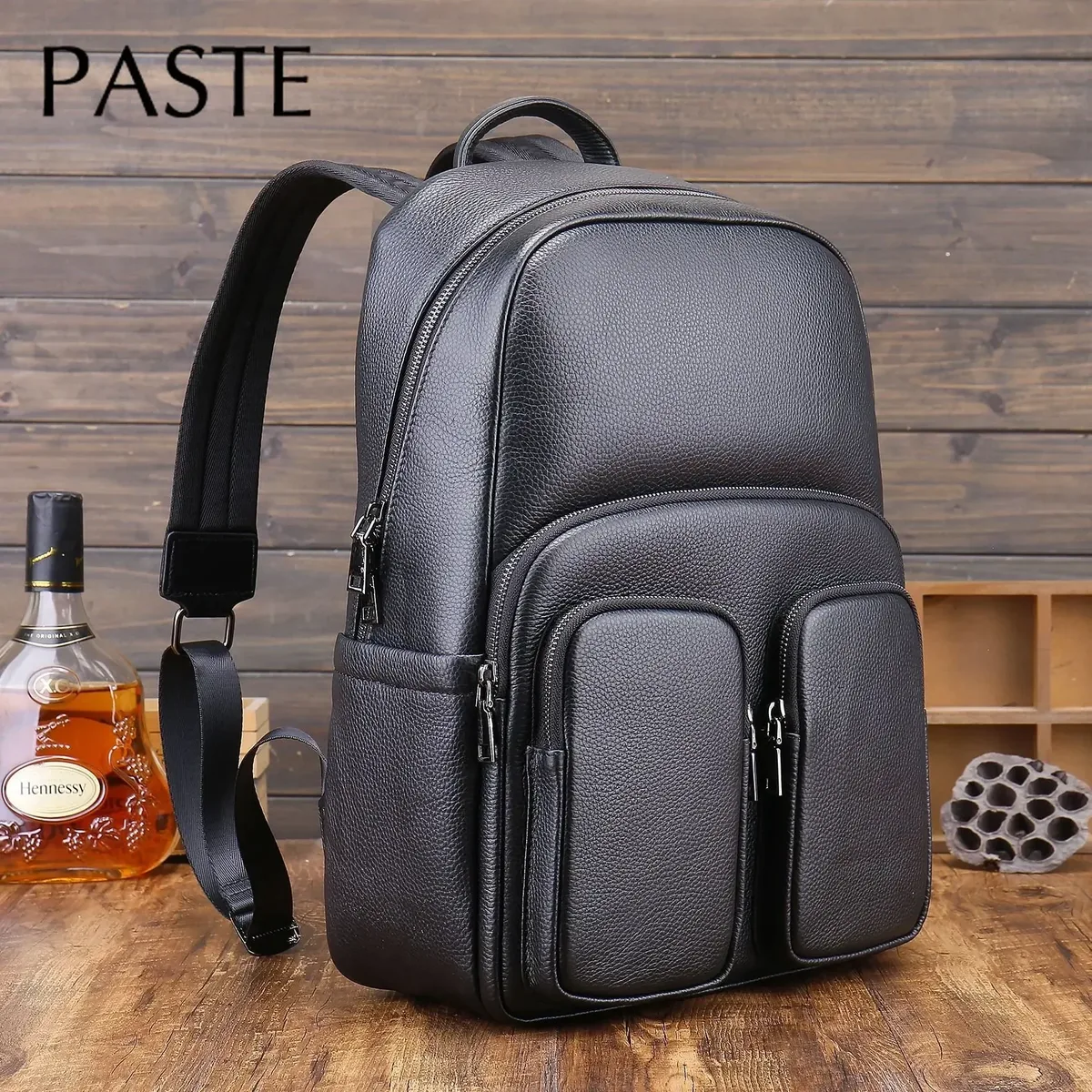 sac à dos simple en cuir de vache pour homme, noir, grande capacité, nouveau style, 15.6 pouces, pour le travail au bureau