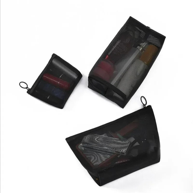 sacs de maquillage en maille noire pour femmes et filles, sac à cosmétiques, sacs de rangement portables, lavage, rouge à lèvres, toilette, serviette hygiénique, évaluation, voyage