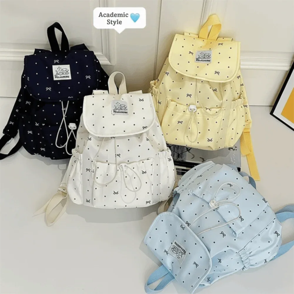 sac à dos de style japonais pour femmes, motif à pois, fermeture à cordon, sac à dos de grande capacité, sac de style preppy