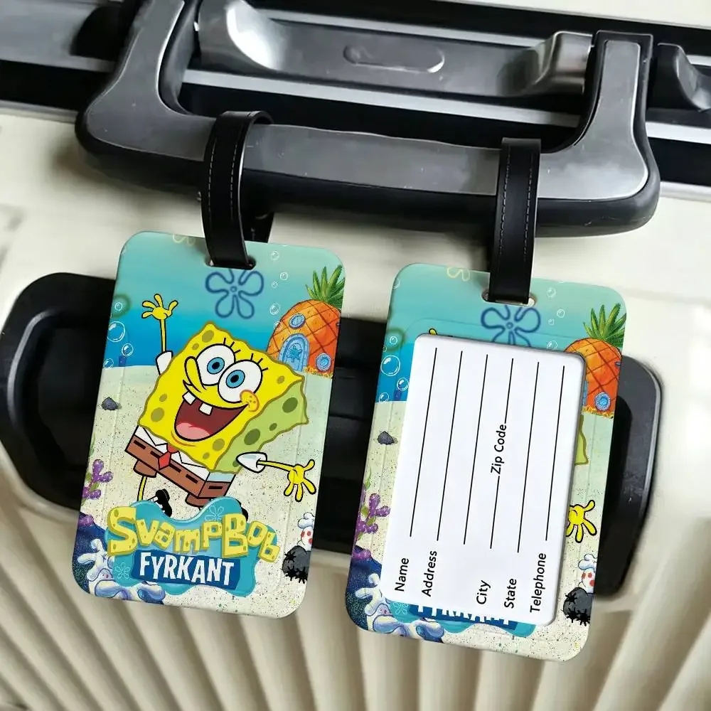 étiquette d'identification de bagage anti-perte en pvc, motif classique de dessin animé s-spongebob, avec porte-carte d'informations amovible, étiquette de bagage de voyage.