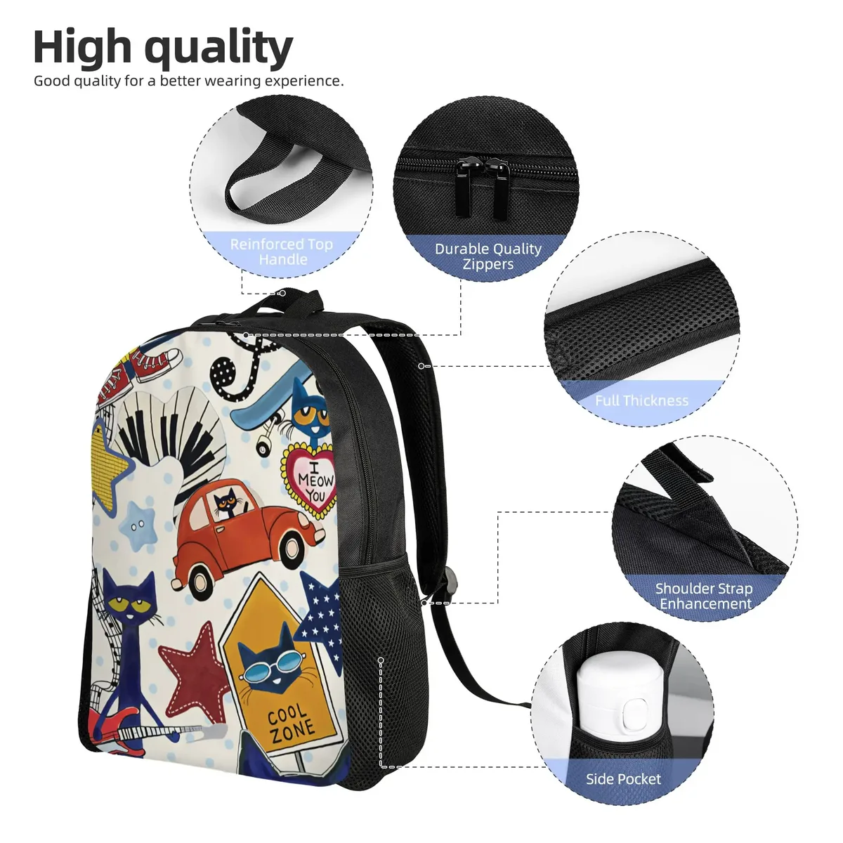 sac à dos pete cat, sacs à dos de randonnée pour garçons, sacs d'école à la mode, sac à dos imprimé de haute qualité