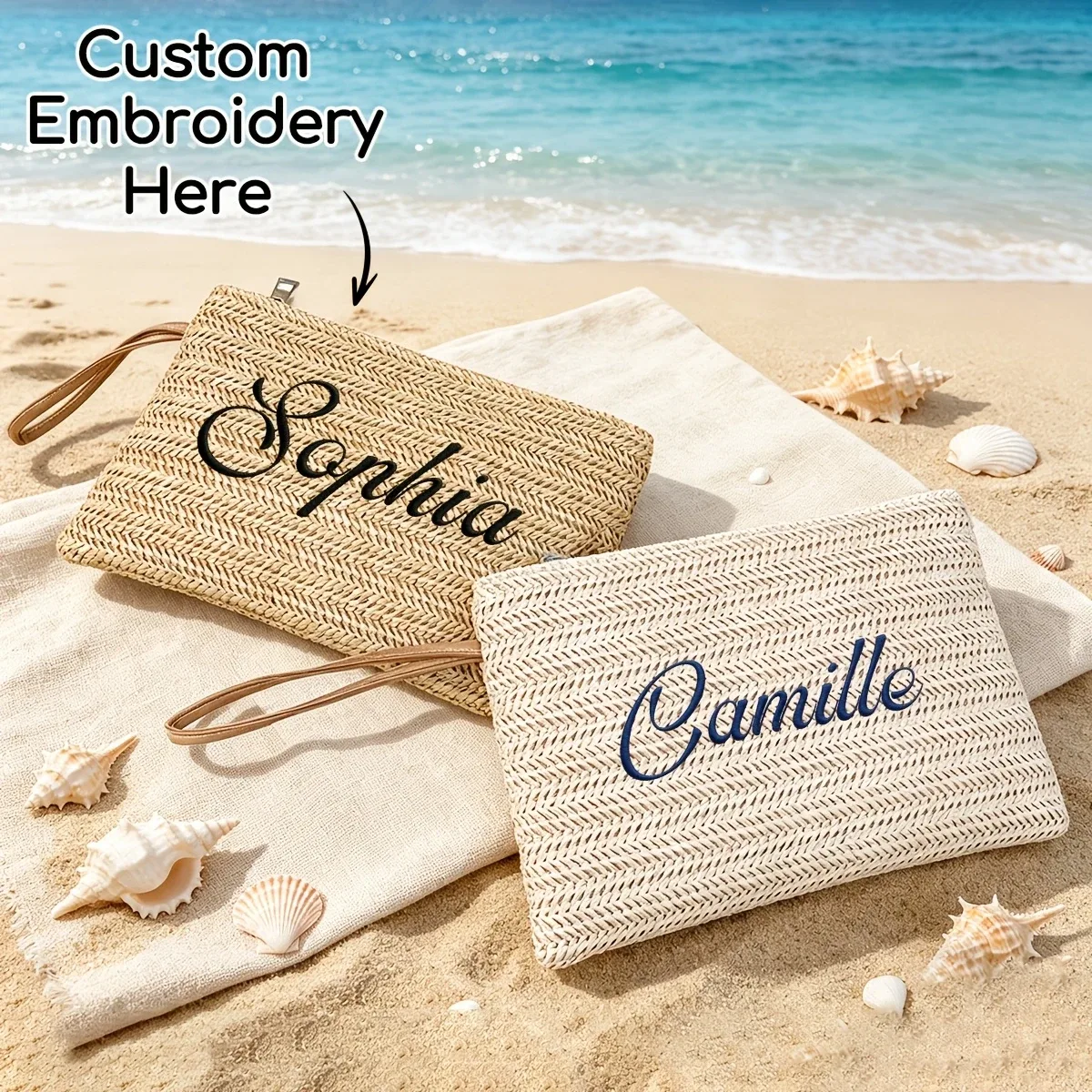 Pochette brodée bohème en paille, portable avec fermeture éclair et dragonne, sac de rangement polyvalent pour demoiselle d'honneur, maquillage et vacances à la plage