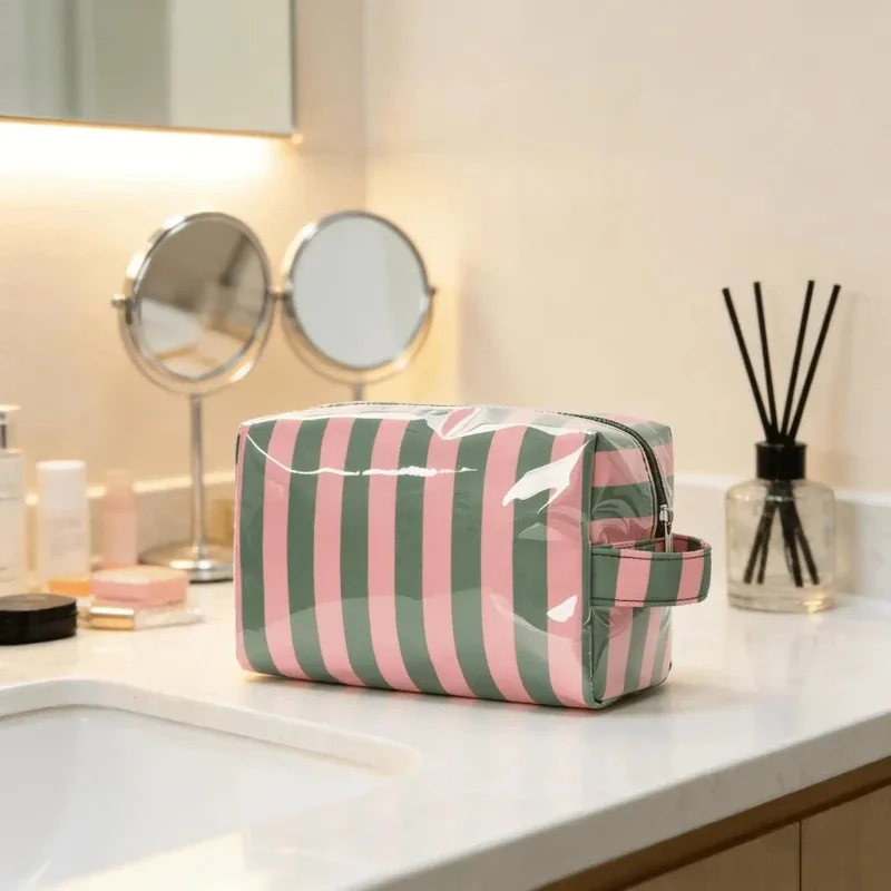 nouvelle trousse de voyage pour rouge à lèvres, grande capacité, rayée, sac cosmétique portable décontracté pour femmes, organisateur de maquillage à main