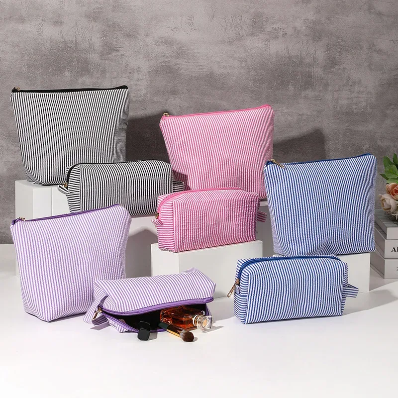 Ensemble de 2 pièces de sacs à cosmétiques pour femmes, trousse de toilette à rayures de grande capacité pour dames, trousse de maquillage, sac à main de rangement de voyage, pochette