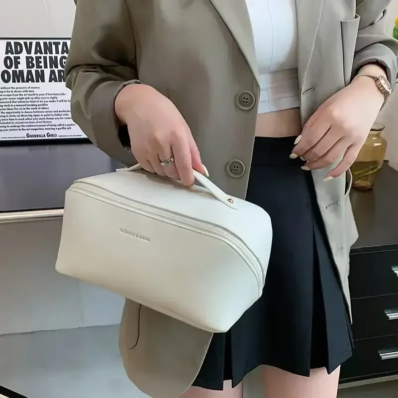 trousse de maquillage de voyage, grande capacité, trousse de maquillage pour femmes, sac portable imperméable à ouverture plate, avec séparateur et poignée